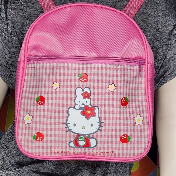 1998 Hello Kitty Pink Mini Backpack 90s Sanrio Plaid Strawberry - Picture 2 of 8